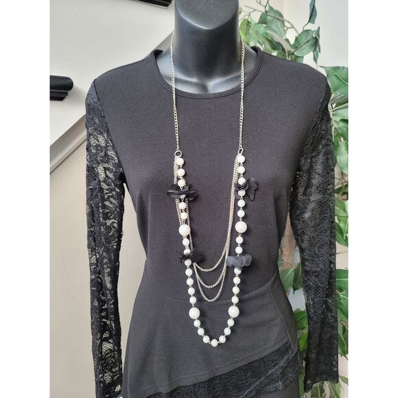 Women's Jumpsuit Small Black Lace Long Sleeve Asymmetrical Hem Wide Leg Evening - Picture 3 of 16